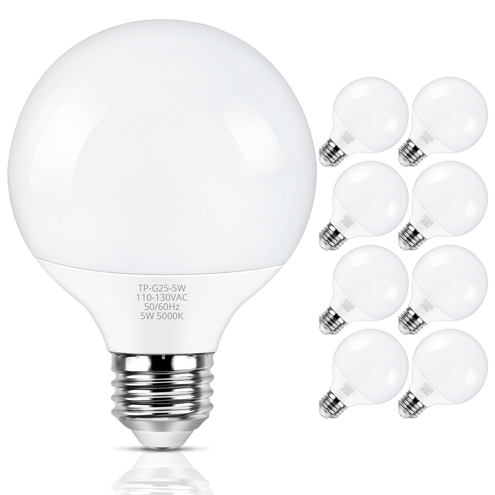 MAXvolador G25 LED Globe Light Bulb 60W Equivalent, Daylight White 5000K E26 Vanity Light Bulbs for Bathroom Makeup Mirror, Round Bulb Non-Dimmable 8-Pack