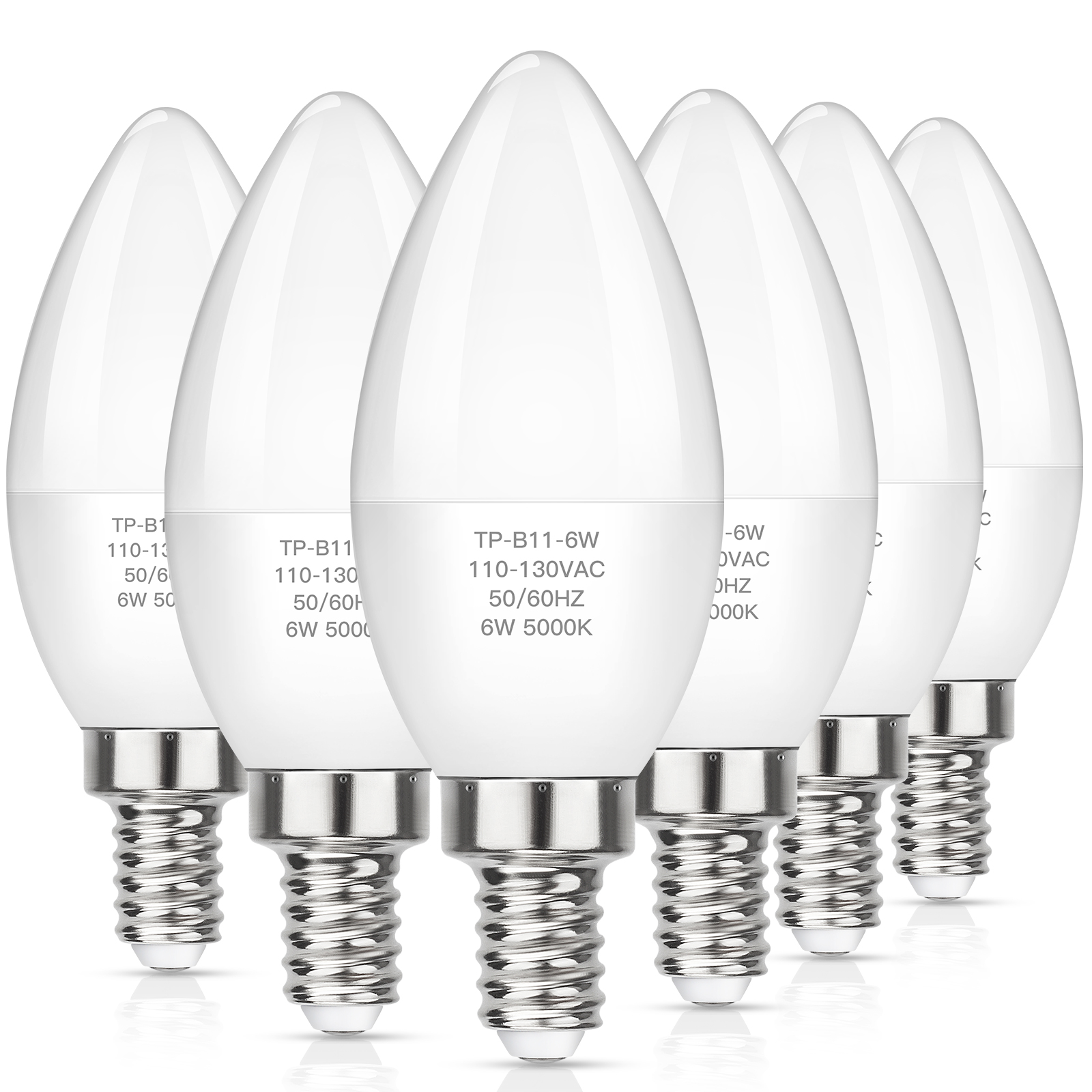 MAXvolador E12 LED Candelabra Light Bulbs 60W Equivalent, Daylight White 5000K 600 Lumen Chandelier Bulb, 6W B11 Candle Base, Non-Dimmable, Pack of 6