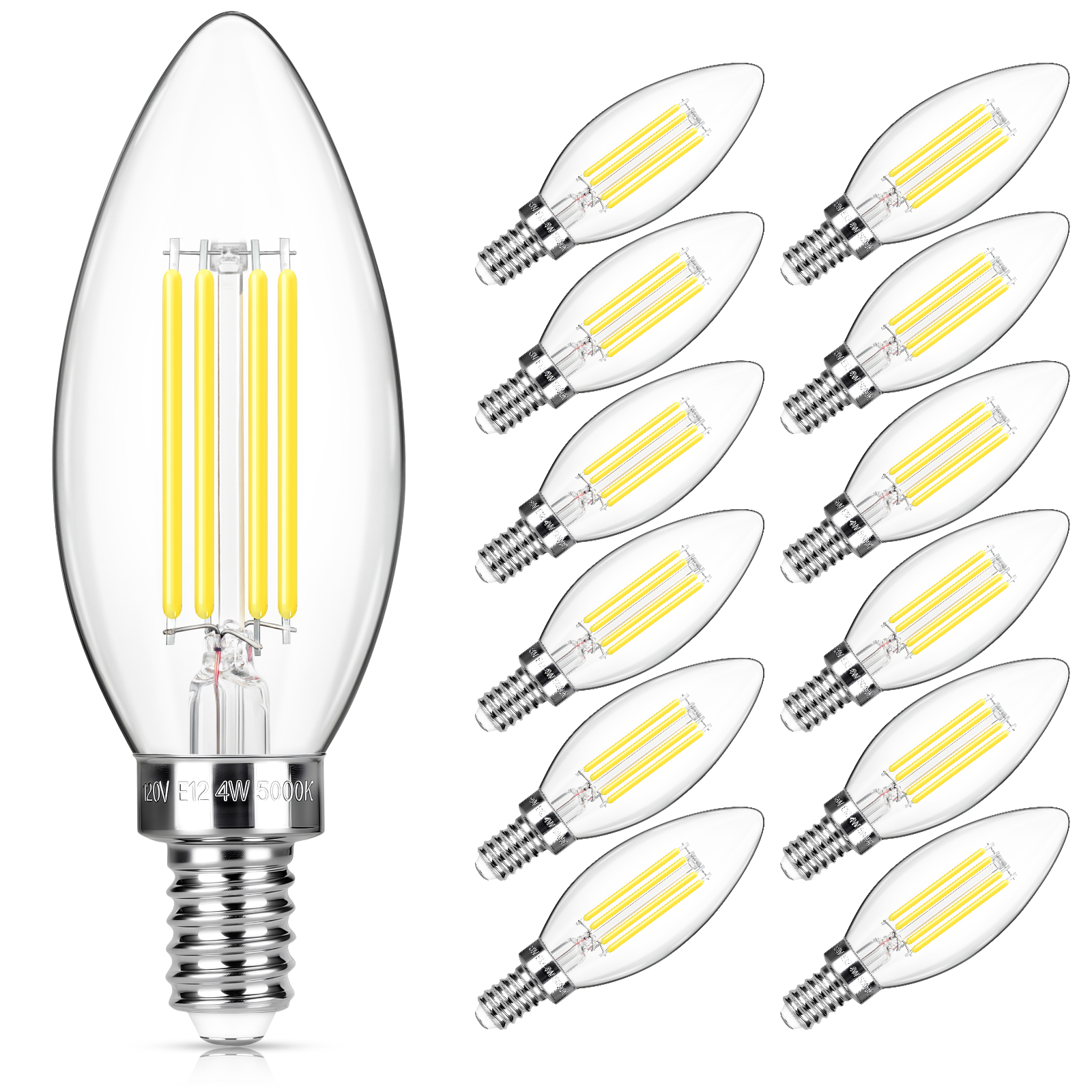 MAXvolador 12-Pack E12 LED Candelabra Light Bulb, 40W Equivalent B11 Chandelier Bulbs 500LM, Daylight White 5000K, Non-Dimmable Filament Clear Glass